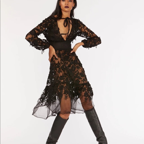 NEW Cynthia Rowley Harlow Tie Front Vneck Black Lace Midi Long Sleeve Woman’s 4 - Picture 2 of 13